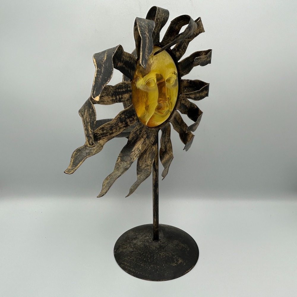 Celestial Sun 90s Y2K Face Metal Bronze Candle Holder Stand Amber Glass Zodiac